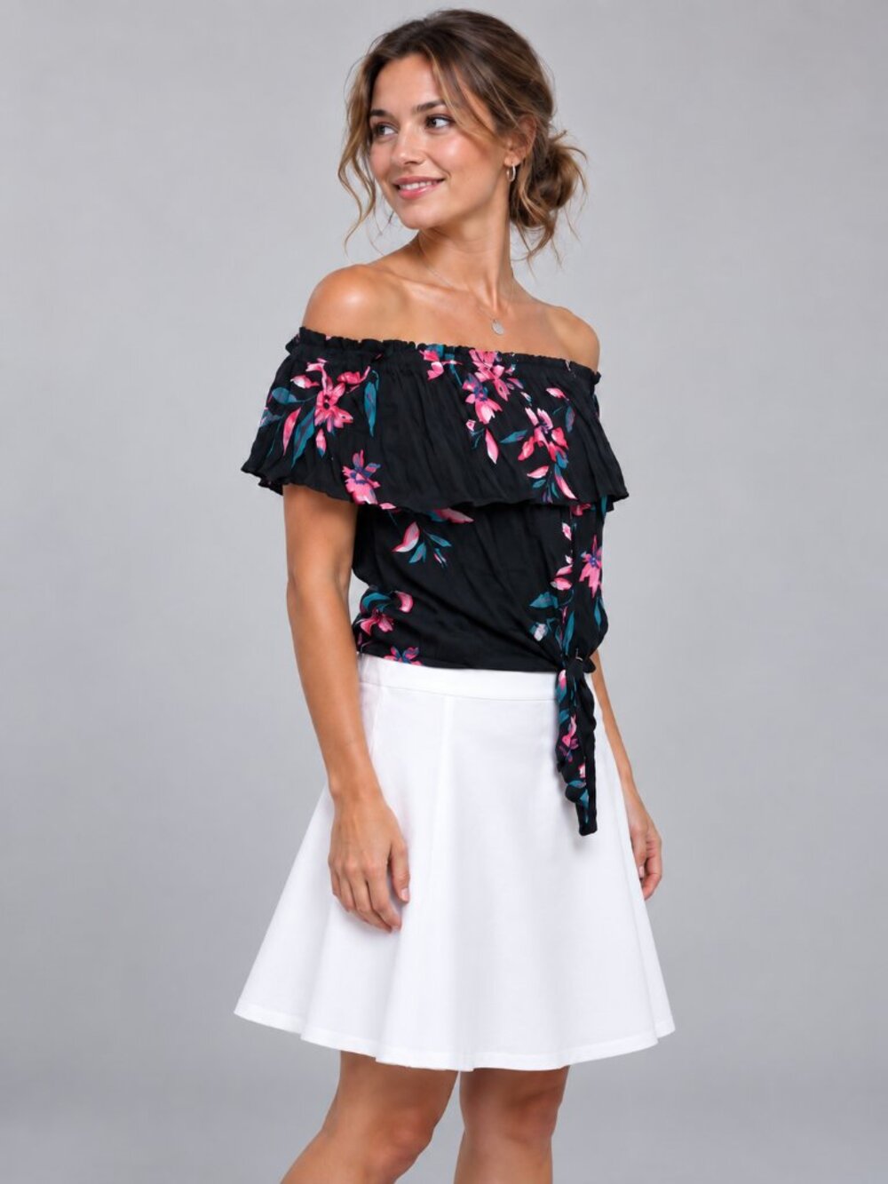 NWT Express Black Floral Off-Shoulder Tie-Front Top XS